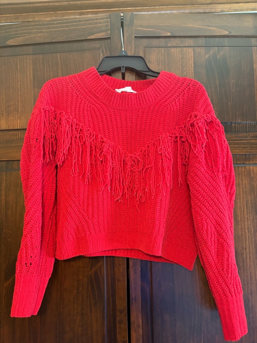 No Boundaries Red Fringe Crewneck Sweater